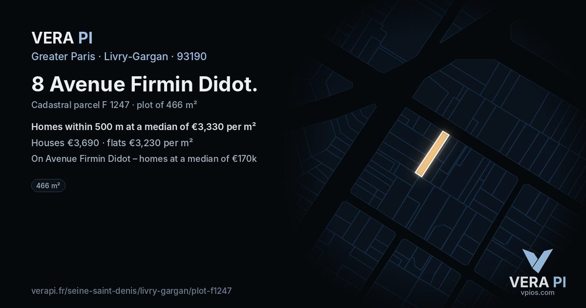 8 Avenue Firmin Didot, Livry-Gargan at night – the plot lit, the parcels around coloured by the prices near them