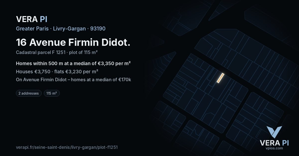 16 Avenue Firmin Didot, Livry-Gargan at night – the plot lit, the parcels around coloured by the prices near them