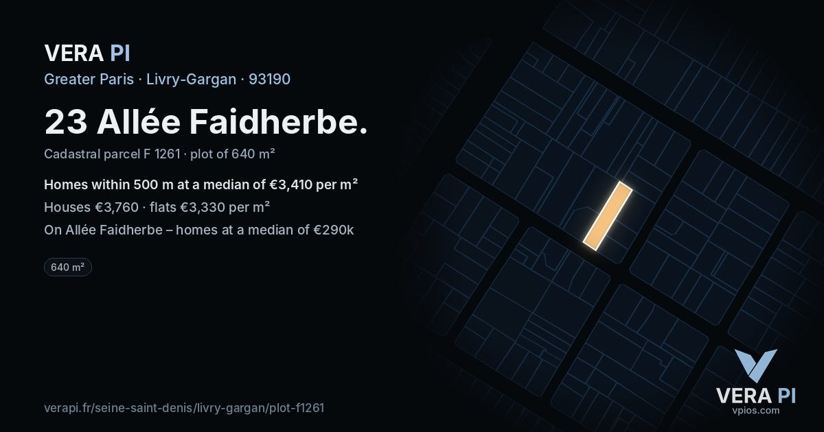 23 Allée Faidherbe, Livry-Gargan at night – the plot lit, the parcels around coloured by the prices near them