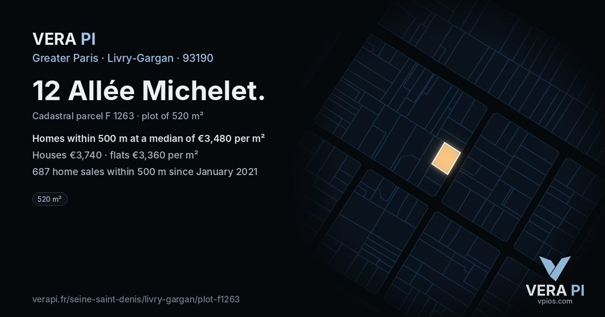 12 Allée Michelet, Livry-Gargan at night – the plot lit, the parcels around coloured by the prices near them