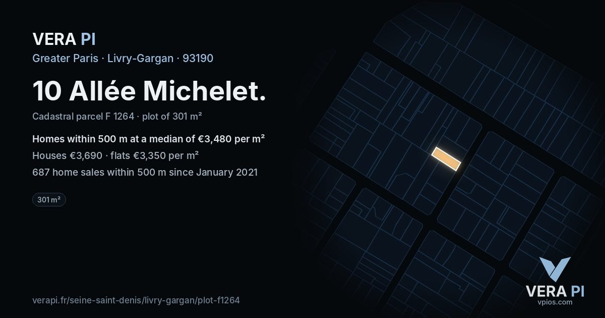 10 Allée Michelet, Livry-Gargan at night – the plot lit, the parcels around coloured by the prices near them