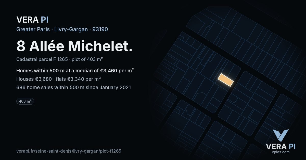 8 Allée Michelet, Livry-Gargan at night – the plot lit, the parcels around coloured by the prices near them