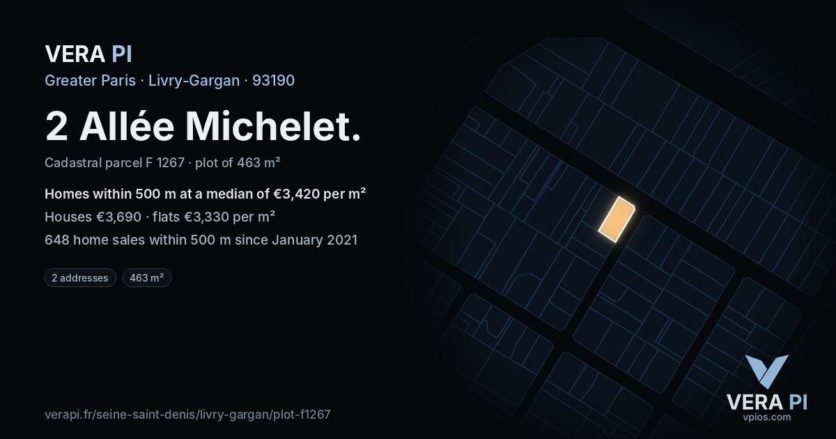 2 Allée Michelet, Livry-Gargan at night – the plot lit, the parcels around coloured by the prices near them