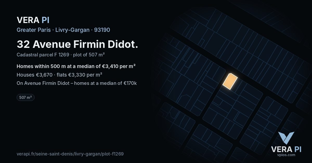 32 Avenue Firmin Didot, Livry-Gargan at night – the plot lit, the parcels around coloured by the prices near them