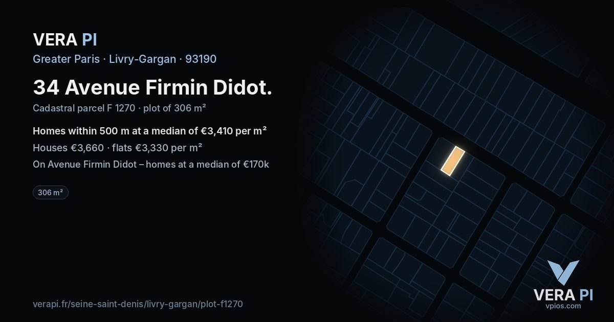 34 Avenue Firmin Didot, Livry-Gargan at night – the plot lit, the parcels around coloured by the prices near them