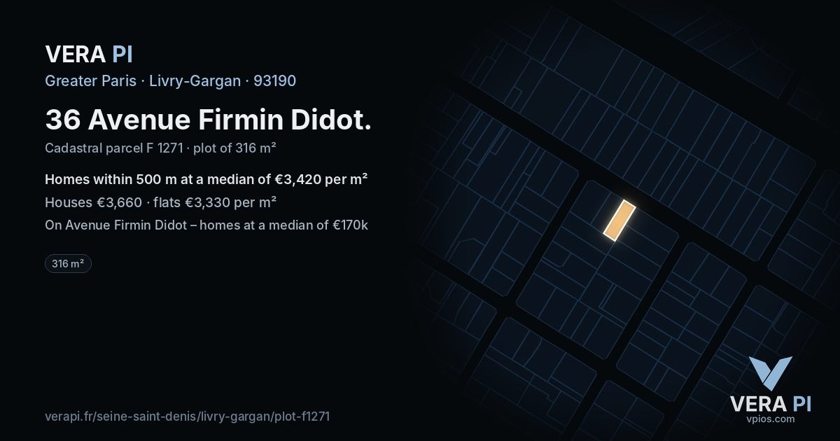 36 Avenue Firmin Didot, Livry-Gargan at night – the plot lit, the parcels around coloured by the prices near them