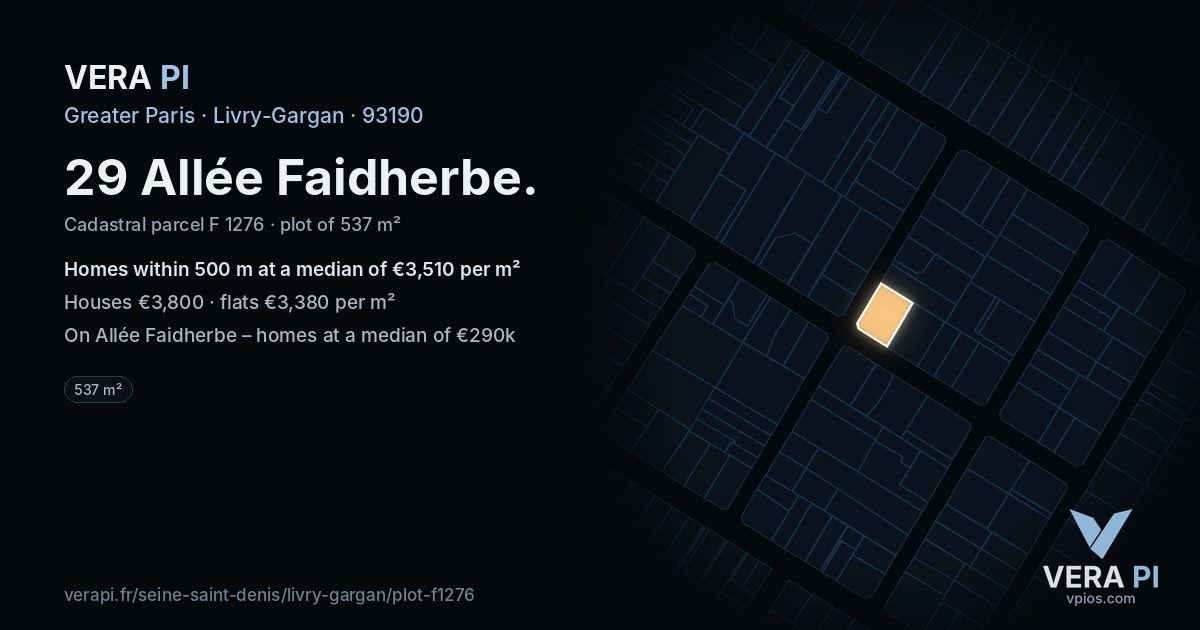 29 Allée Faidherbe, Livry-Gargan at night – the plot lit, the parcels around coloured by the prices near them