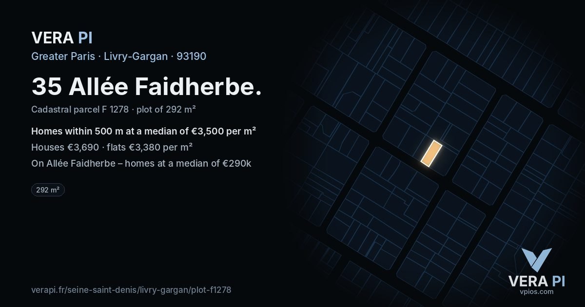 35 Allée Faidherbe, Livry-Gargan at night – the plot lit, the parcels around coloured by the prices near them