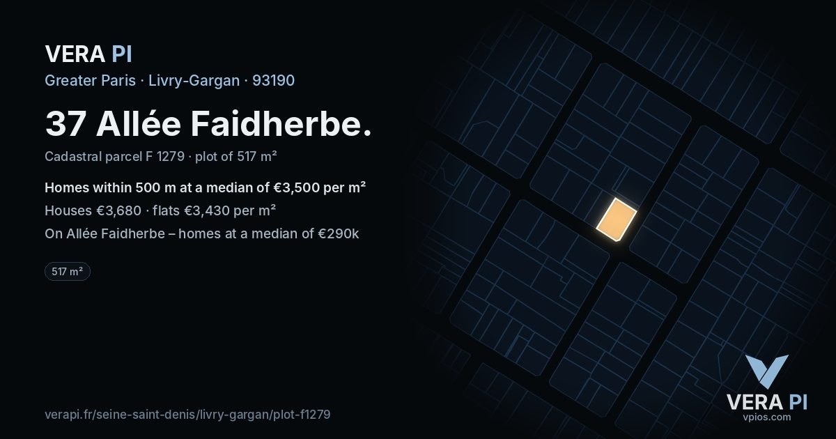 37 Allée Faidherbe, Livry-Gargan at night – the plot lit, the parcels around coloured by the prices near them