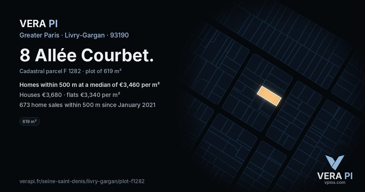 8 Allée Courbet, Livry-Gargan at night – the plot lit, the parcels around coloured by the prices near them