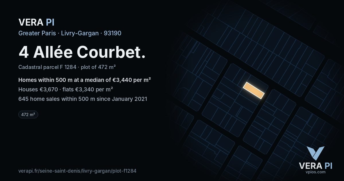 4 Allée Courbet, Livry-Gargan at night – the plot lit, the parcels around coloured by the prices near them