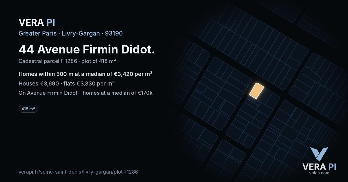 44 Avenue Firmin Didot, Livry-Gargan at night – the plot lit, the parcels around coloured by the prices near them