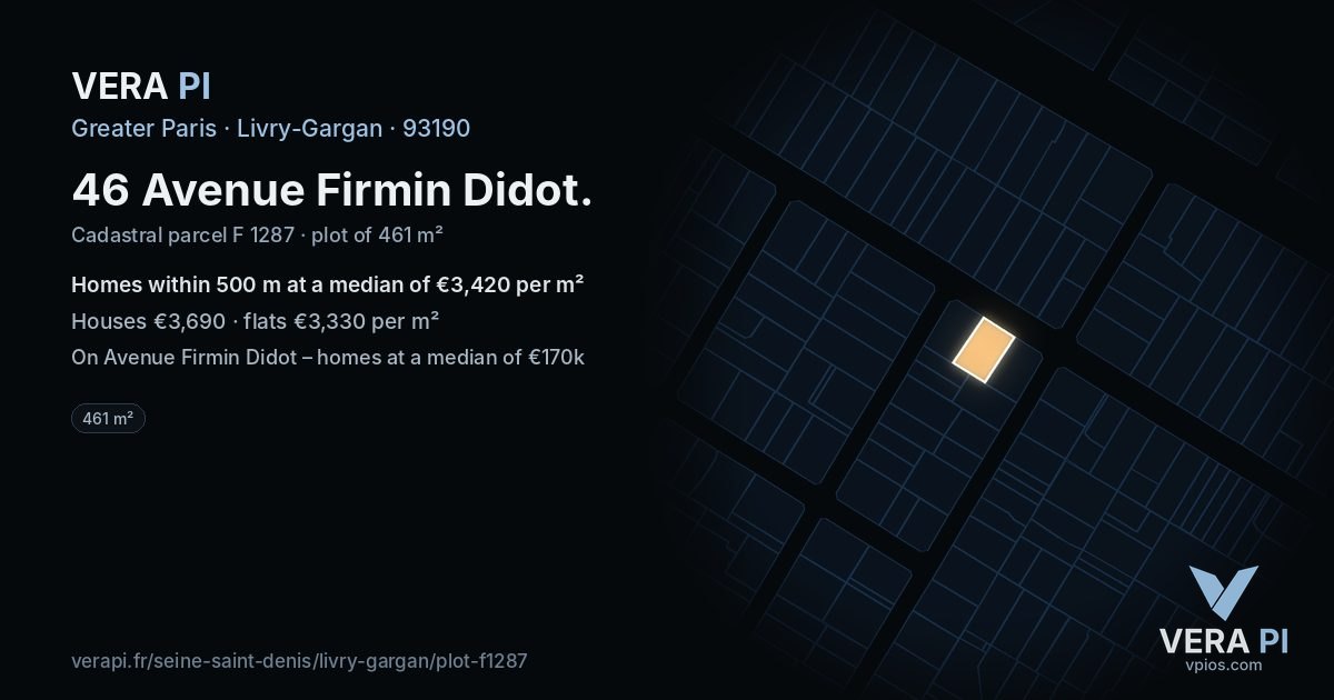 46 Avenue Firmin Didot, Livry-Gargan at night – the plot lit, the parcels around coloured by the prices near them