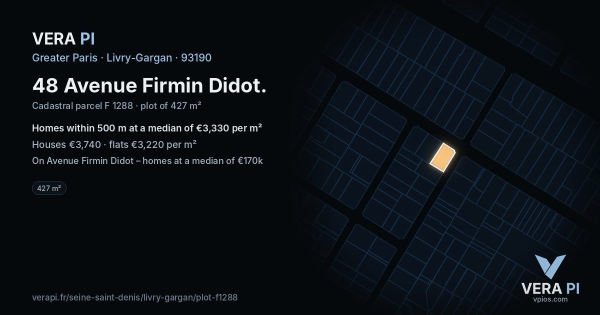 48 Avenue Firmin Didot, Livry-Gargan at night – the plot lit, the parcels around coloured by the prices near them