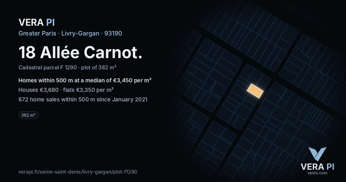18 Allée Carnot, Livry-Gargan at night – the plot lit, the parcels around coloured by the prices near them