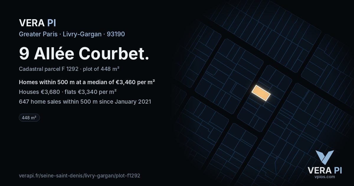 9 Allée Courbet, Livry-Gargan at night – the plot lit, the parcels around coloured by the prices near them
