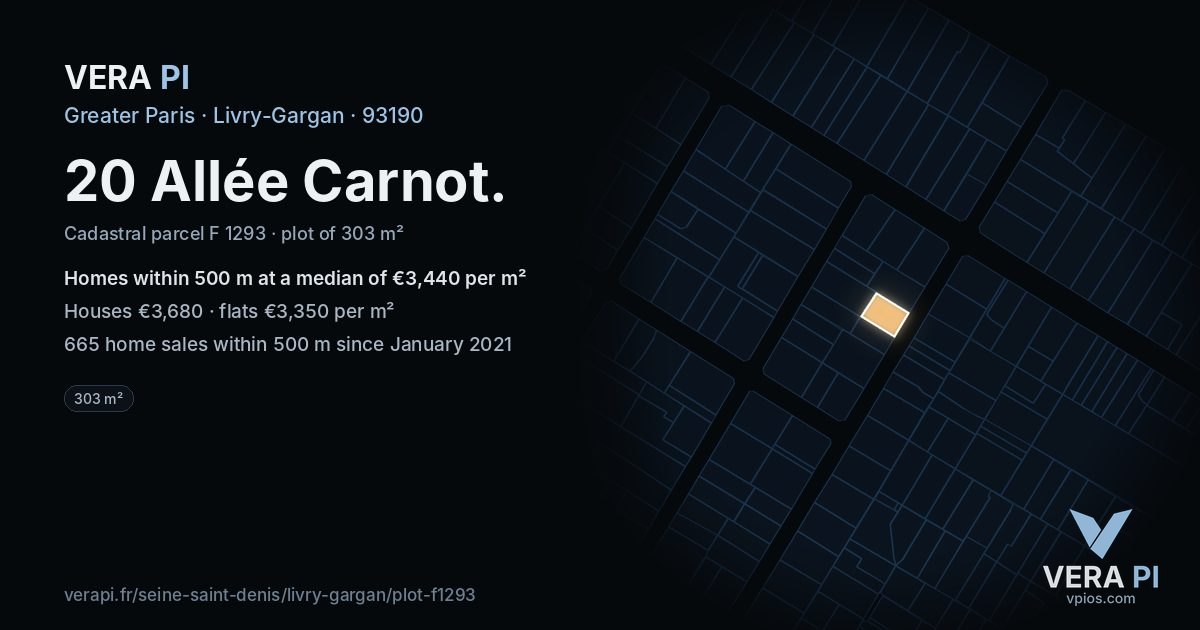 20 Allée Carnot, Livry-Gargan at night – the plot lit, the parcels around coloured by the prices near them