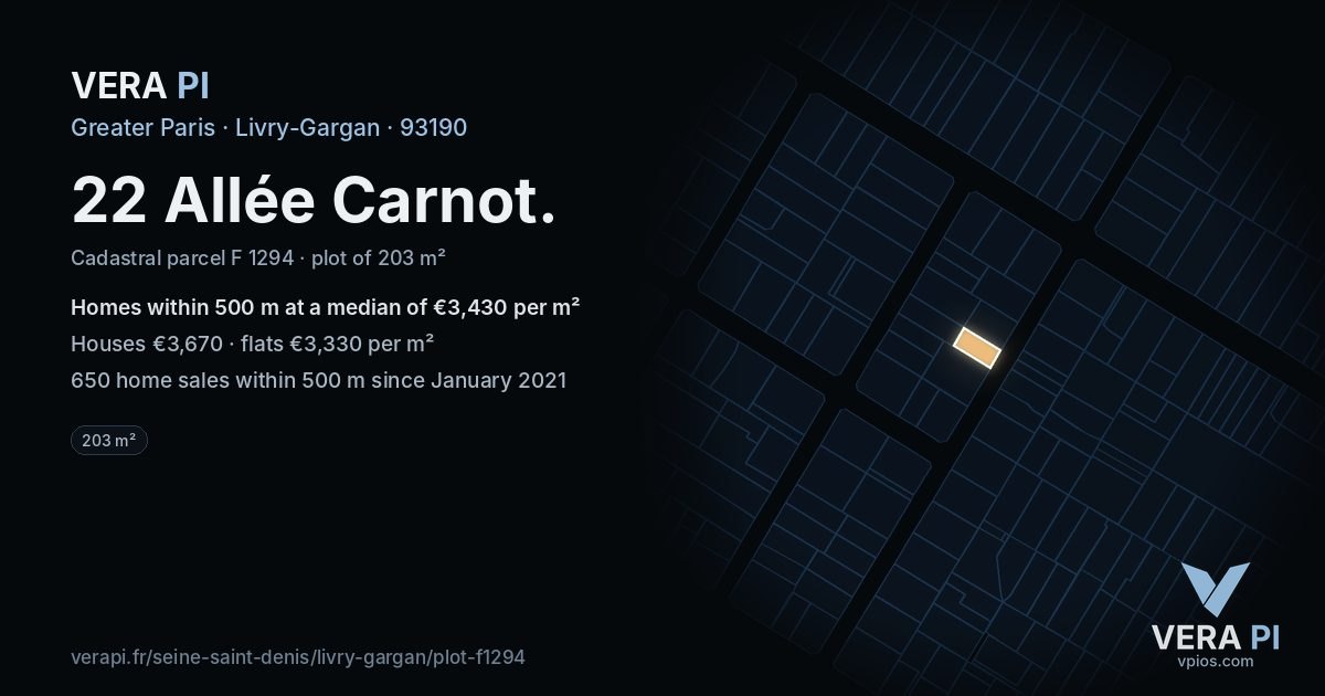 22 Allée Carnot, Livry-Gargan at night – the plot lit, the parcels around coloured by the prices near them