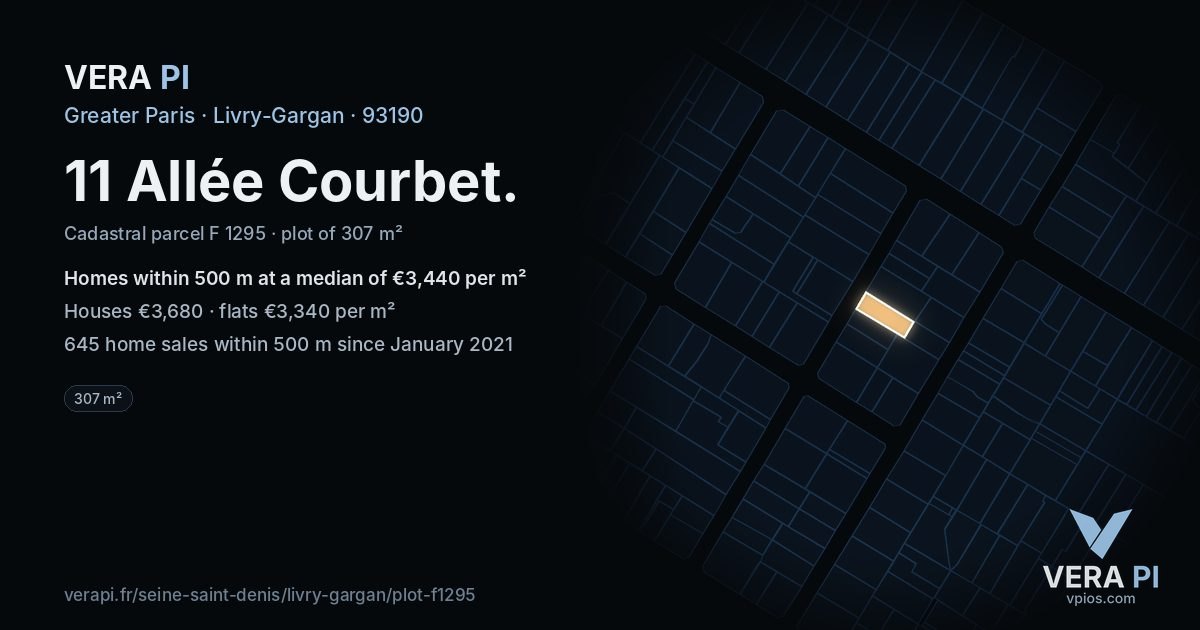 11 Allée Courbet, Livry-Gargan at night – the plot lit, the parcels around coloured by the prices near them