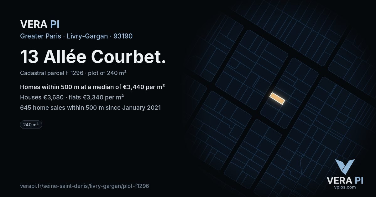 13 Allée Courbet, Livry-Gargan at night – the plot lit, the parcels around coloured by the prices near them