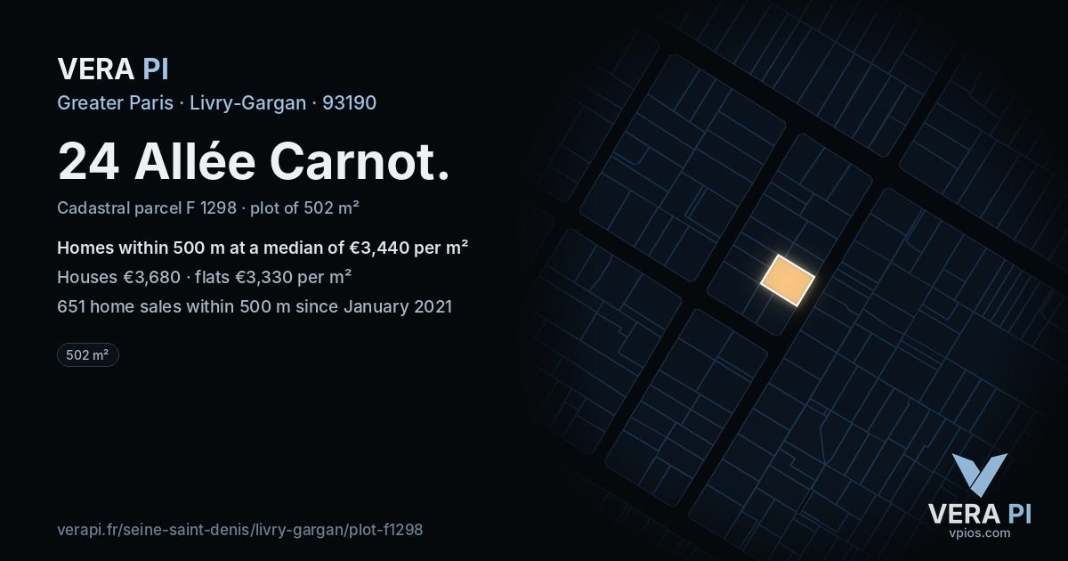 24 Allée Carnot, Livry-Gargan at night – the plot lit, the parcels around coloured by the prices near them