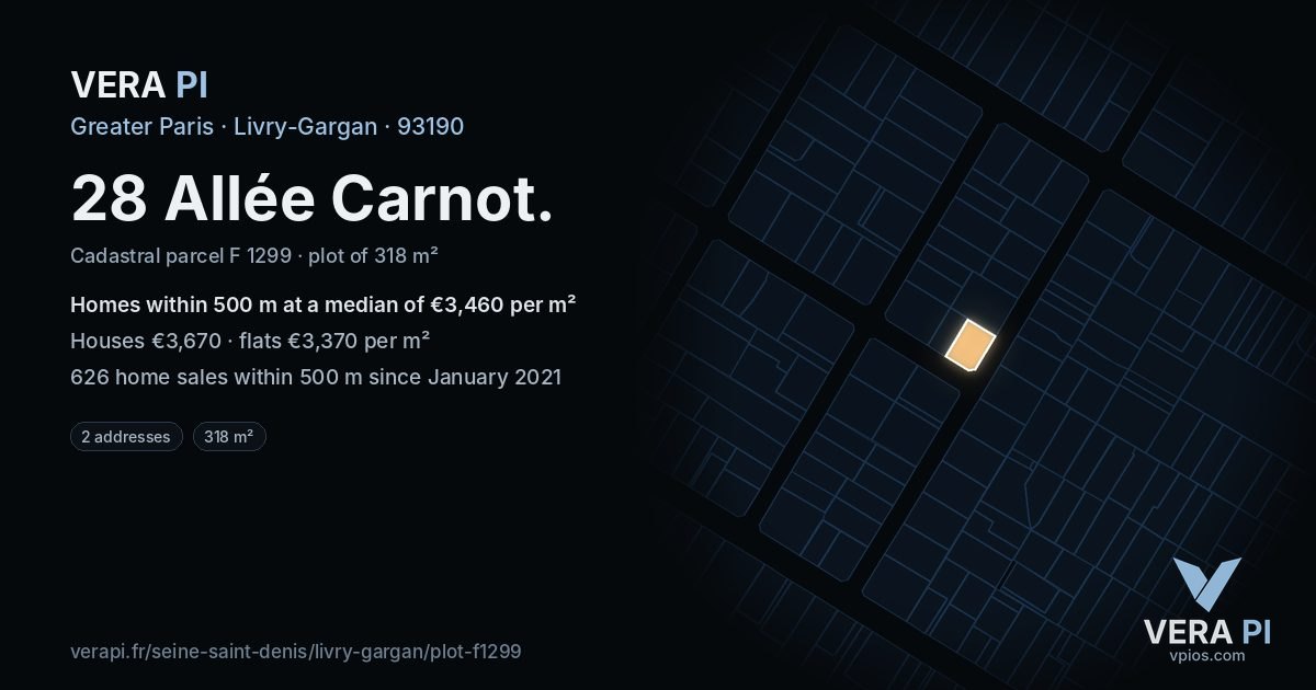 28 Allée Carnot, Livry-Gargan at night – the plot lit, the parcels around coloured by the prices near them