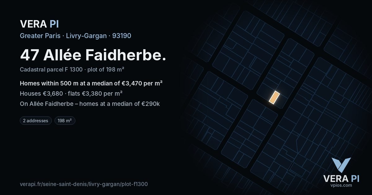 47 Allée Faidherbe, Livry-Gargan at night – the plot lit, the parcels around coloured by the prices near them