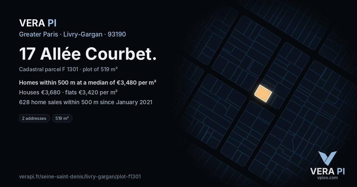 17 Allée Courbet, Livry-Gargan at night – the plot lit, the parcels around coloured by the prices near them