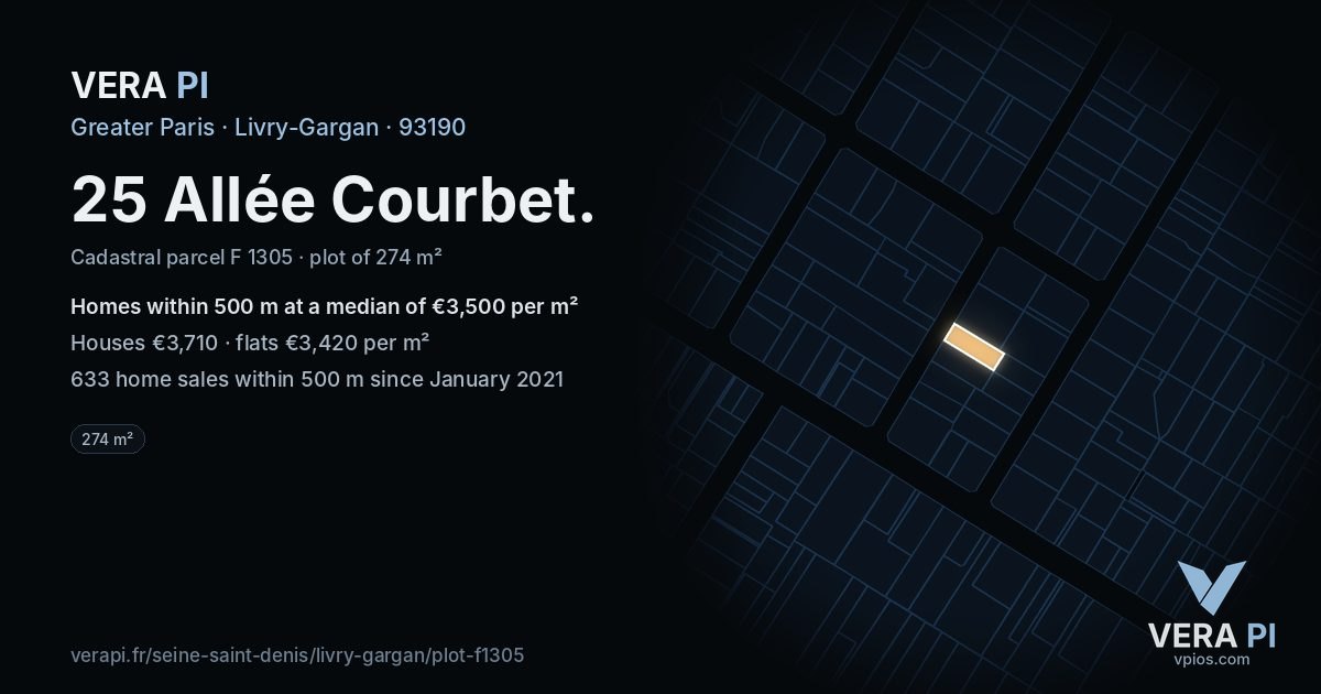 25 Allée Courbet, Livry-Gargan at night – the plot lit, the parcels around coloured by the prices near them