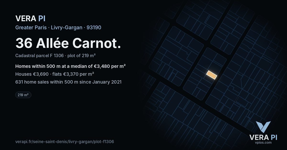 36 Allée Carnot, Livry-Gargan at night – the plot lit, the parcels around coloured by the prices near them
