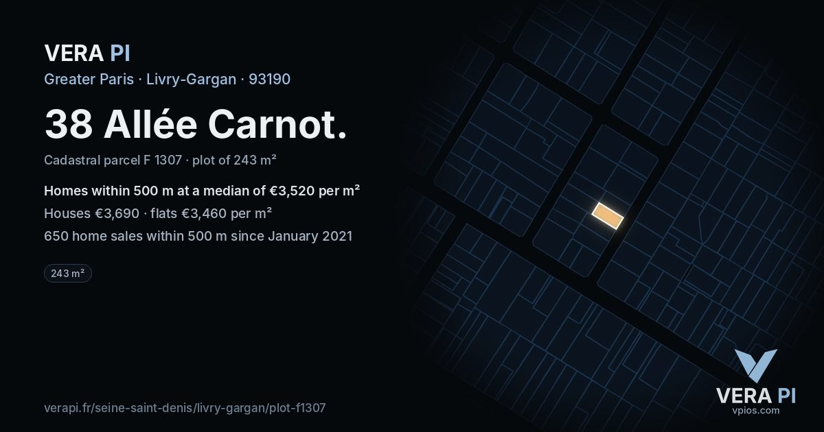 38 Allée Carnot, Livry-Gargan at night – the plot lit, the parcels around coloured by the prices near them