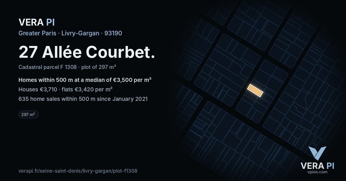 27 Allée Courbet, Livry-Gargan at night – the plot lit, the parcels around coloured by the prices near them