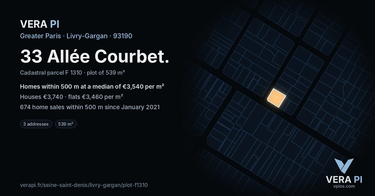 33 Allée Courbet, Livry-Gargan at night – the plot lit, the parcels around coloured by the prices near them