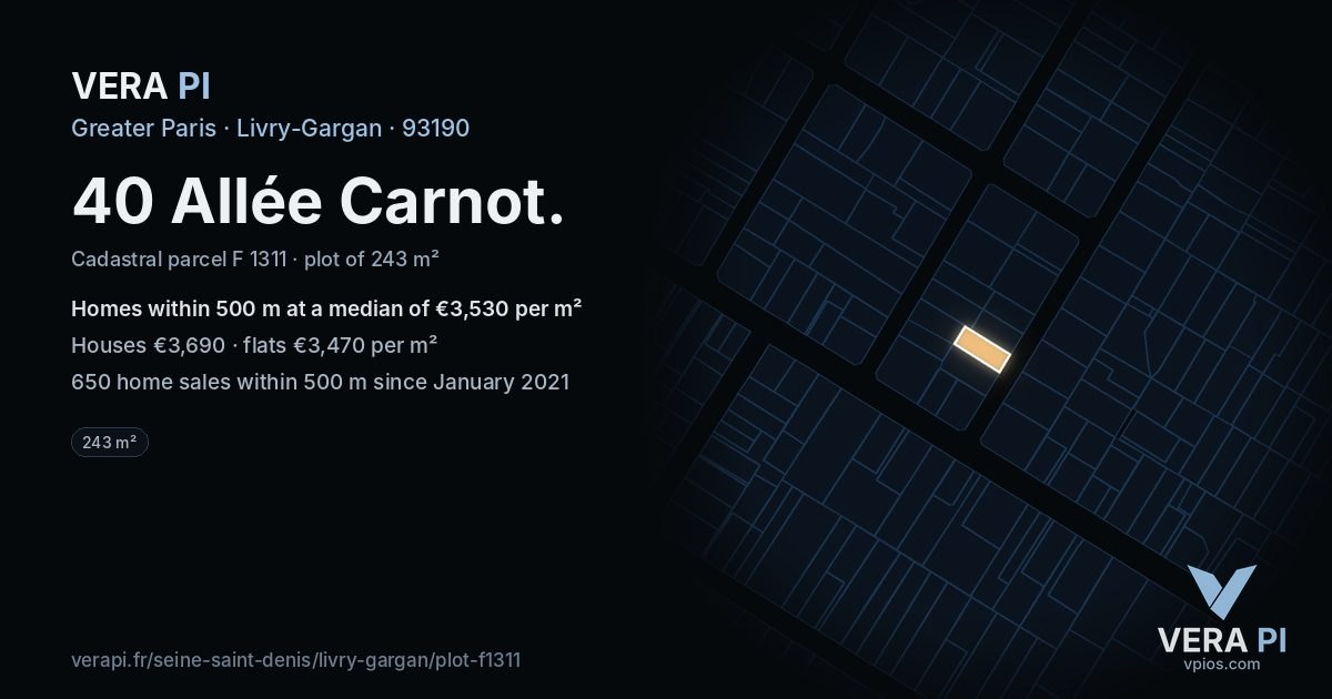 40 Allée Carnot, Livry-Gargan at night – the plot lit, the parcels around coloured by the prices near them