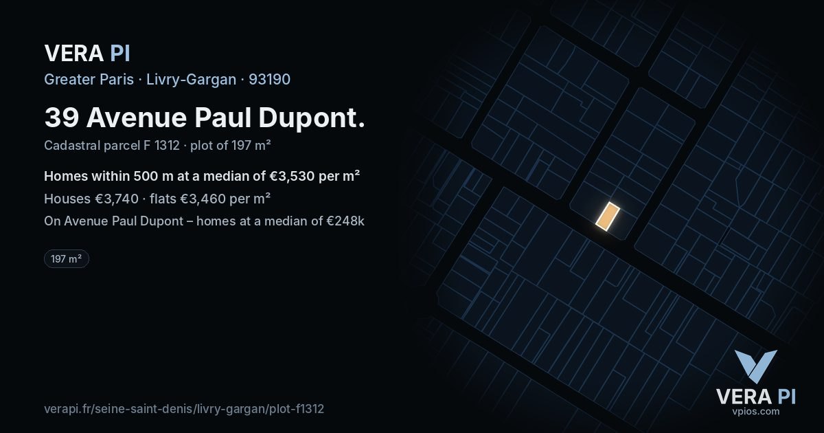 39 Avenue Paul Dupont, Livry-Gargan at night – the plot lit, the parcels around coloured by the prices near them