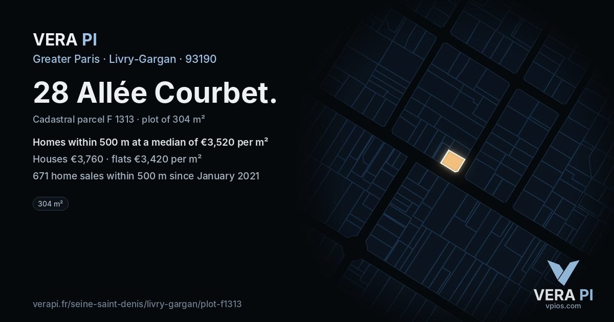 28 Allée Courbet, Livry-Gargan at night – the plot lit, the parcels around coloured by the prices near them