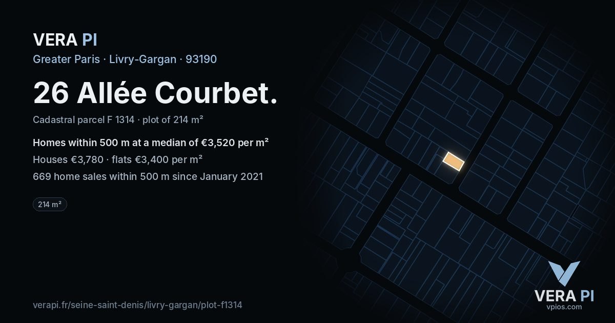 26 Allée Courbet, Livry-Gargan at night – the plot lit, the parcels around coloured by the prices near them