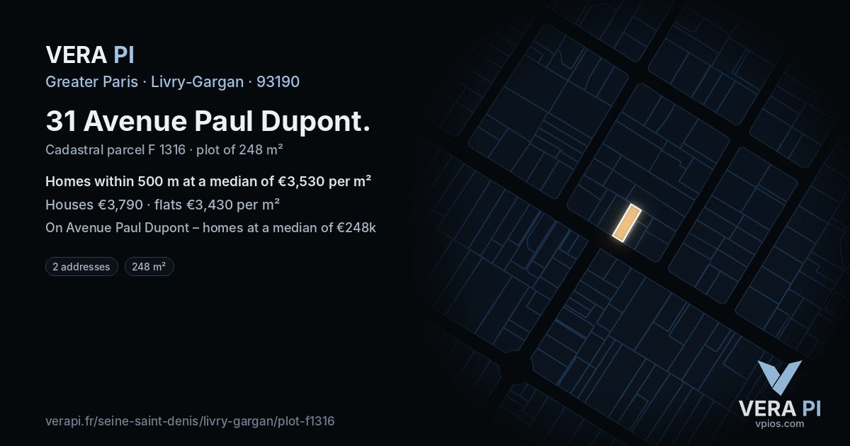 31 Avenue Paul Dupont, Livry-Gargan at night – the plot lit, the parcels around coloured by the prices near them