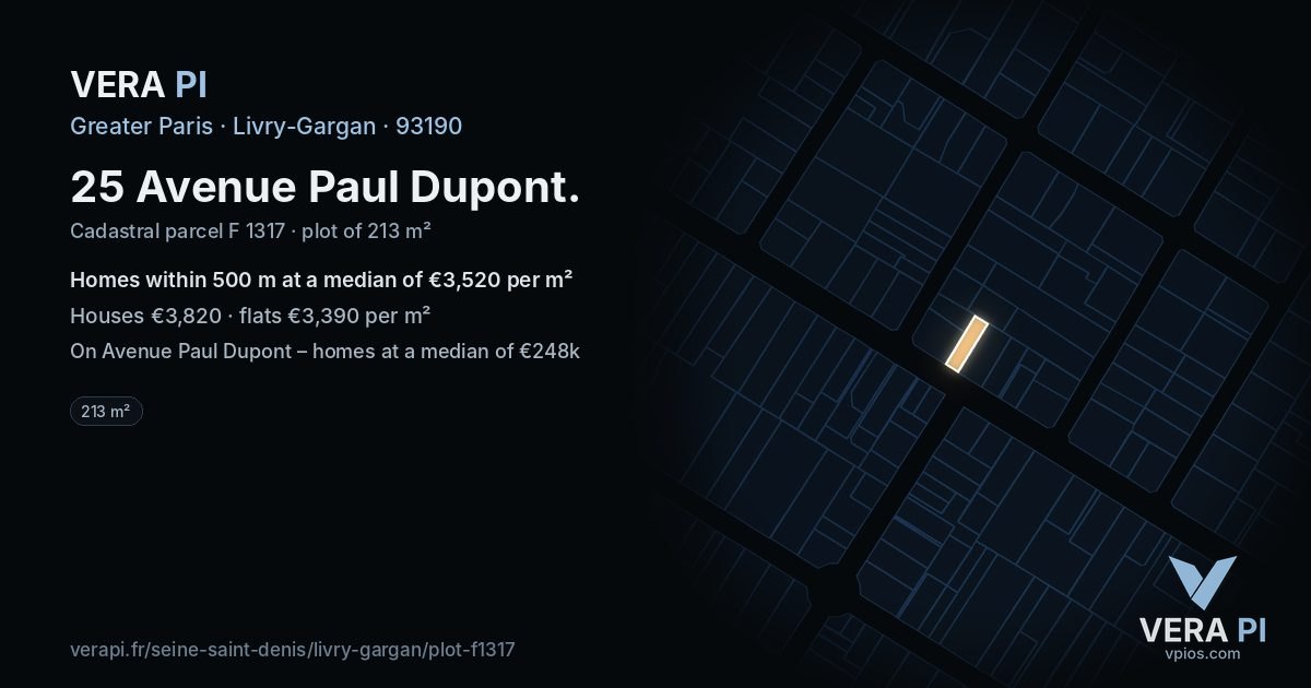 25 Avenue Paul Dupont, Livry-Gargan at night – the plot lit, the parcels around coloured by the prices near them