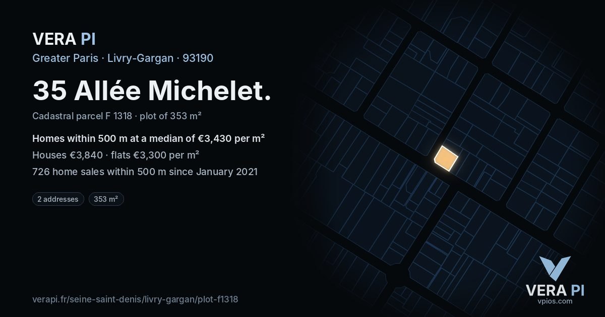 35 Allée Michelet, Livry-Gargan at night – the plot lit, the parcels around coloured by the prices near them