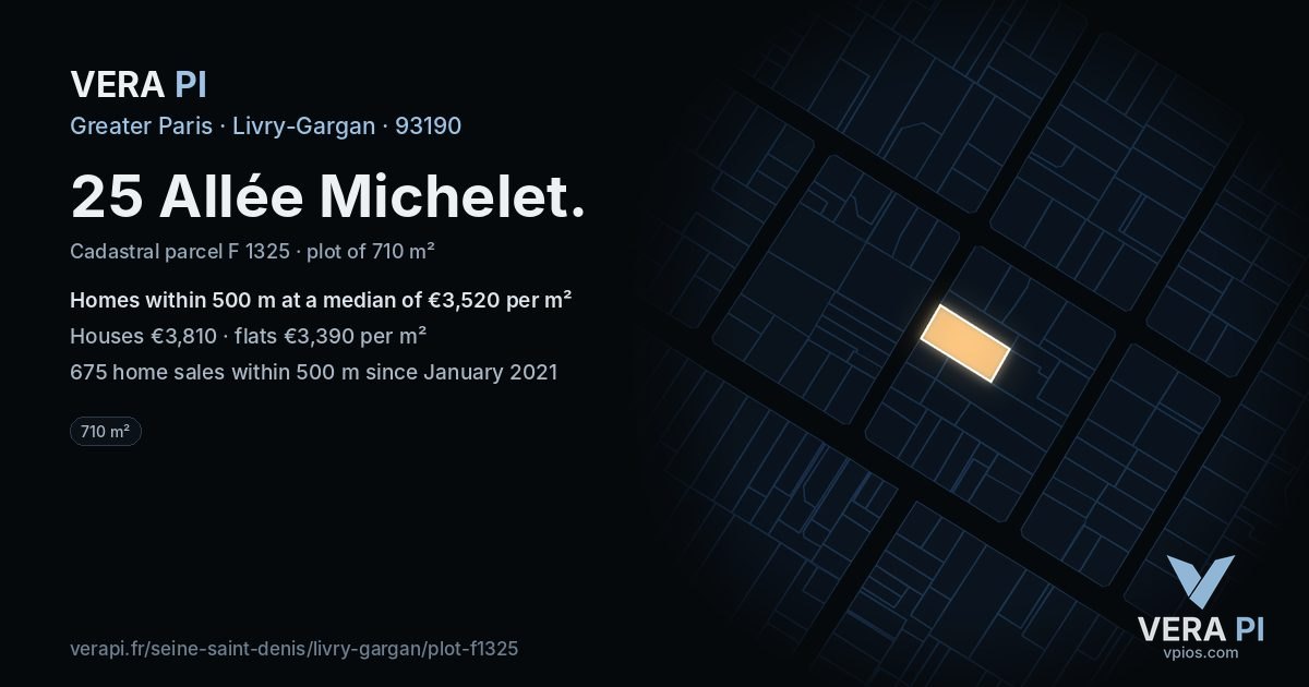 25 Allée Michelet, Livry-Gargan at night – the plot lit, the parcels around coloured by the prices near them