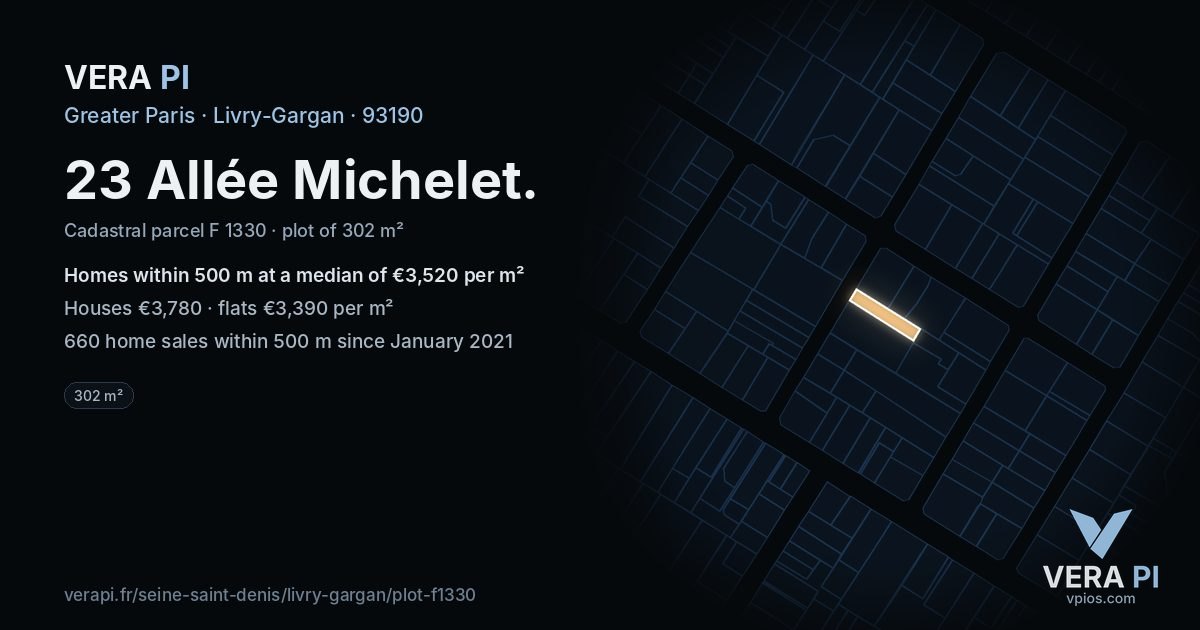 23 Allée Michelet, Livry-Gargan at night – the plot lit, the parcels around coloured by the prices near them