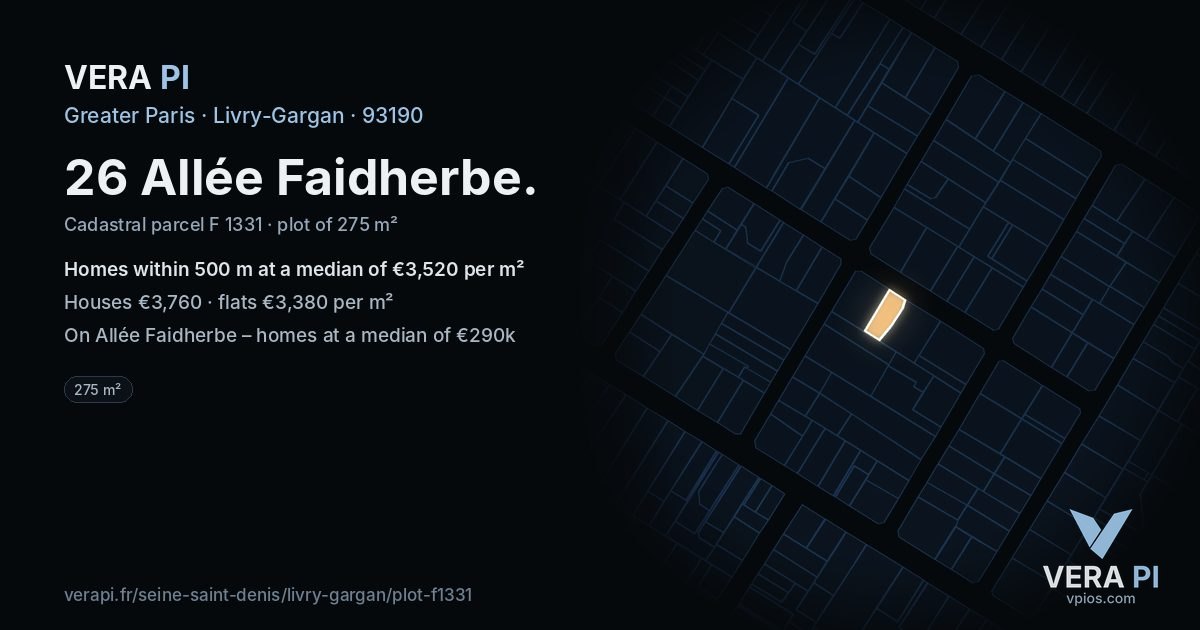 26 Allée Faidherbe, Livry-Gargan at night – the plot lit, the parcels around coloured by the prices near them