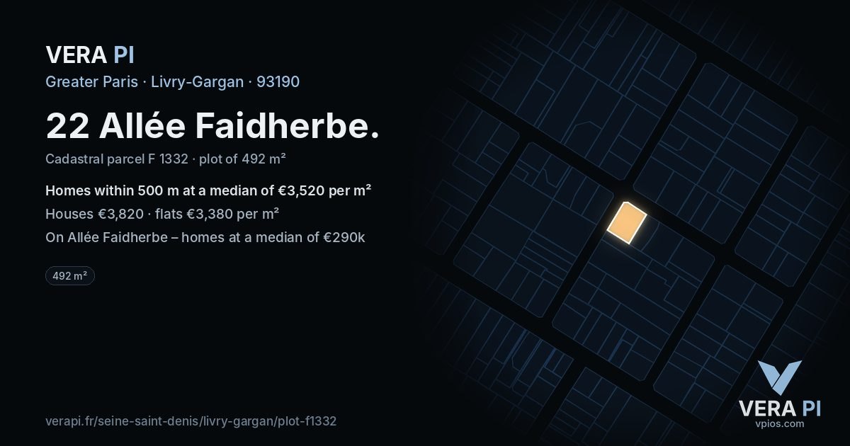 22 Allée Faidherbe, Livry-Gargan at night – the plot lit, the parcels around coloured by the prices near them