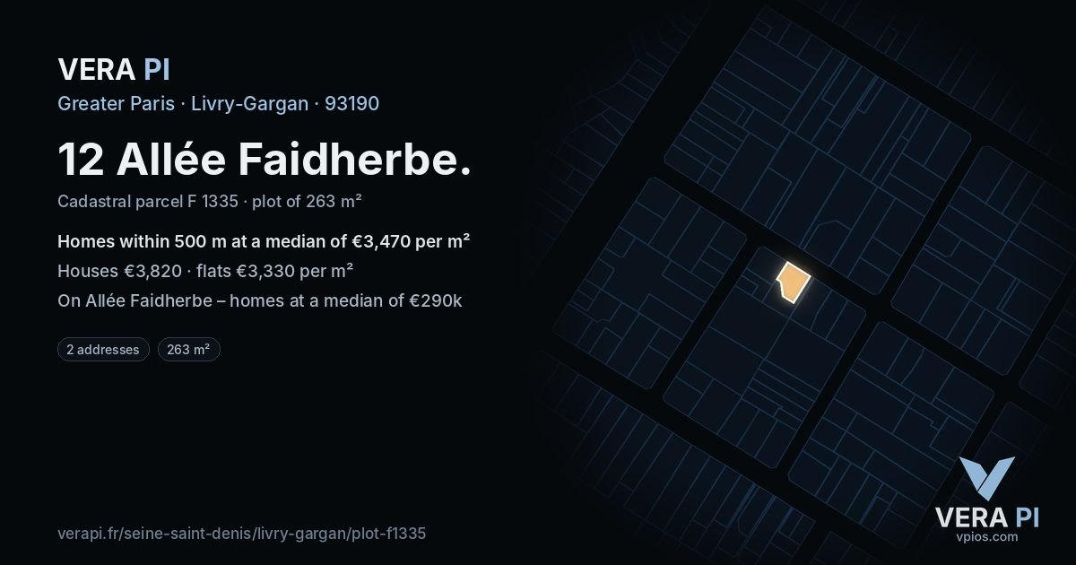 12 Allée Faidherbe, Livry-Gargan at night – the plot lit, the parcels around coloured by the prices near them