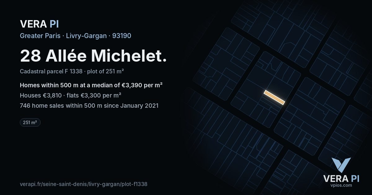 28 Allée Michelet, Livry-Gargan at night – the plot lit, the parcels around coloured by the prices near them