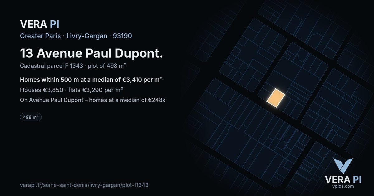 13 Avenue Paul Dupont, Livry-Gargan at night – the plot lit, the parcels around coloured by the prices near them