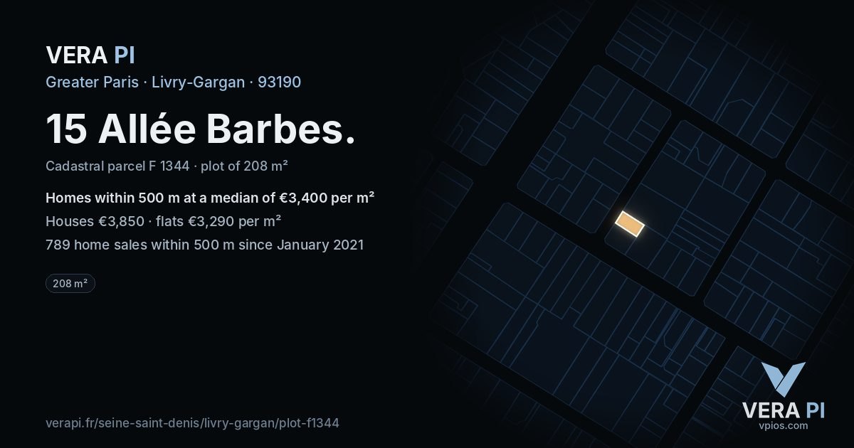 15 Allée Barbes, Livry-Gargan at night – the plot lit, the parcels around coloured by the prices near them