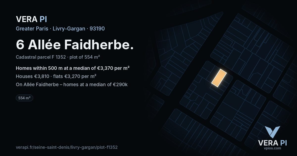 6 Allée Faidherbe, Livry-Gargan at night – the plot lit, the parcels around coloured by the prices near them