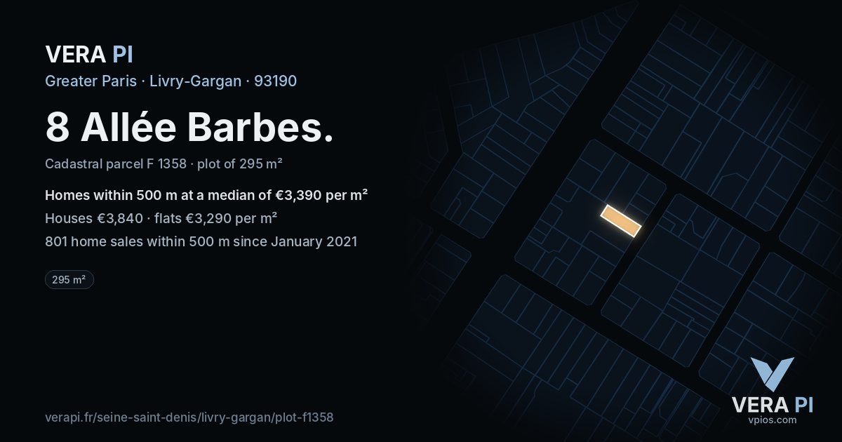 8 Allée Barbes, Livry-Gargan at night – the plot lit, the parcels around coloured by the prices near them